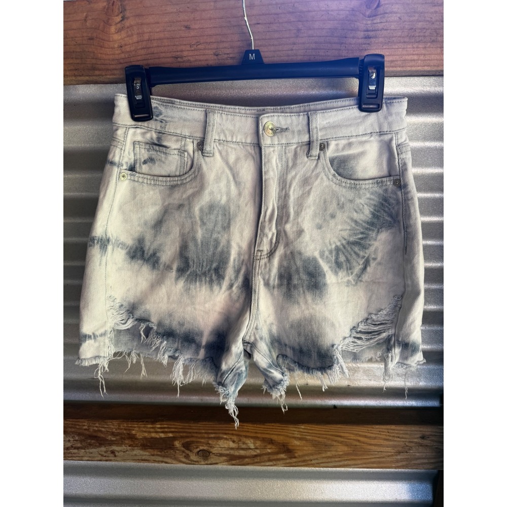 American Eagle Tie Dye High Waisted Distressed Denim Shorts Blue - Size 4